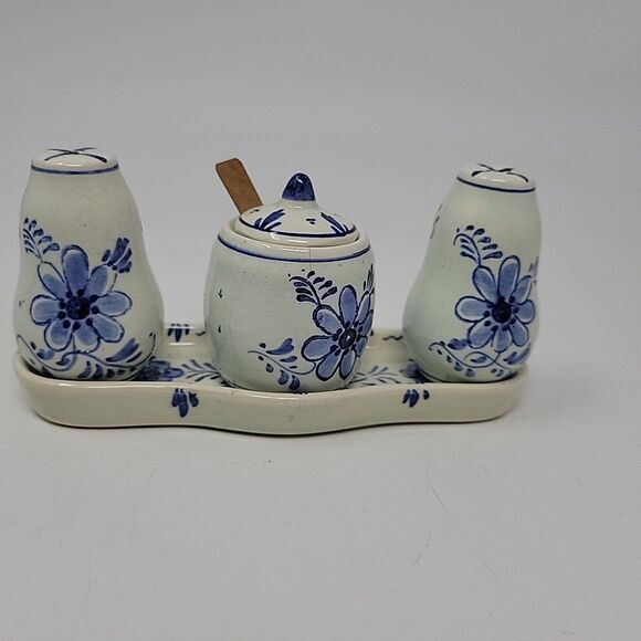 Vintage Delft Holland Salt & Pepper Shakers Blue /White Tray Set Mustard Jar - Picture 2 of 14